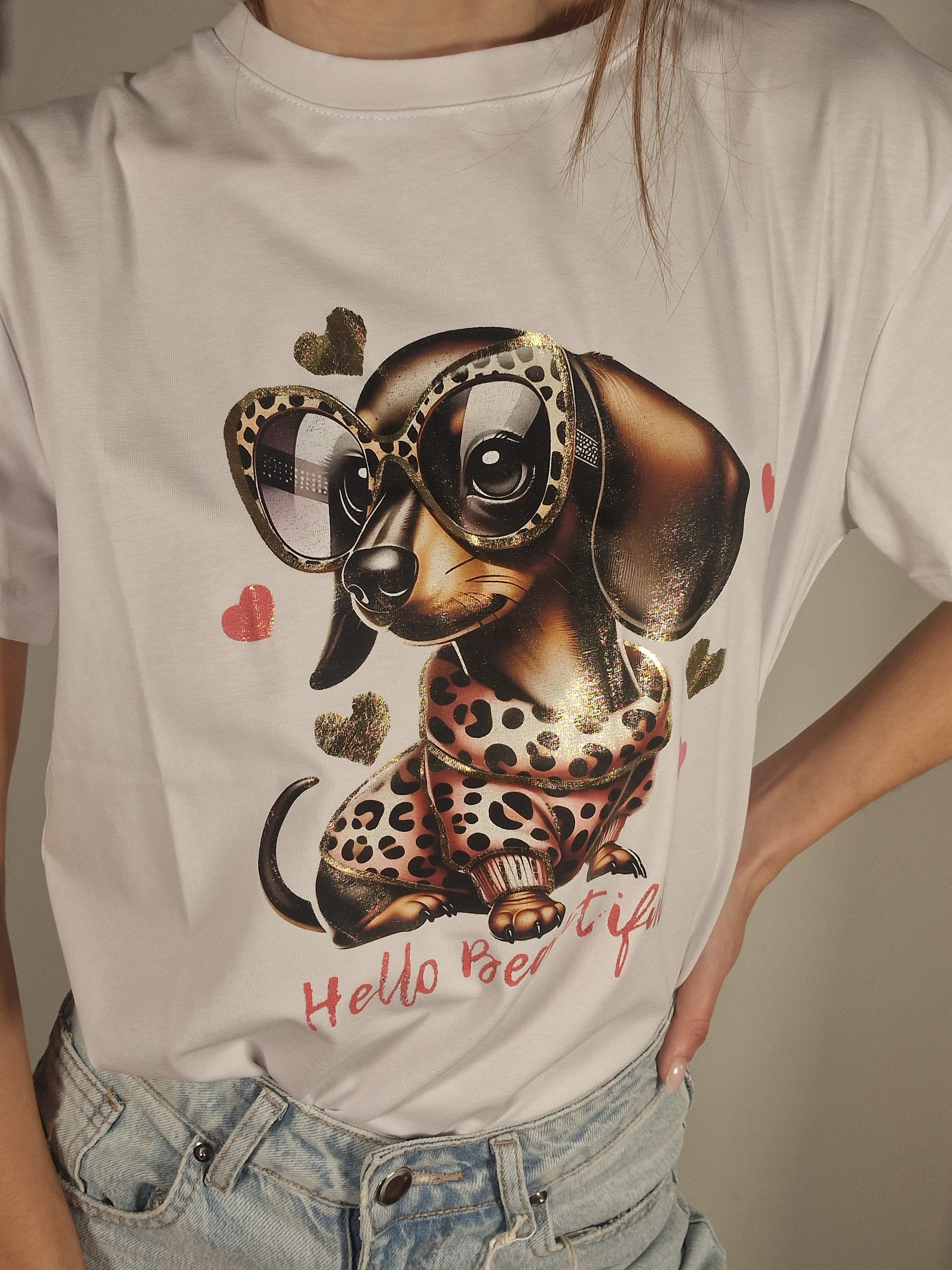 T-SHIRT BASSOTTO OCCHIALI LEOPARDATO