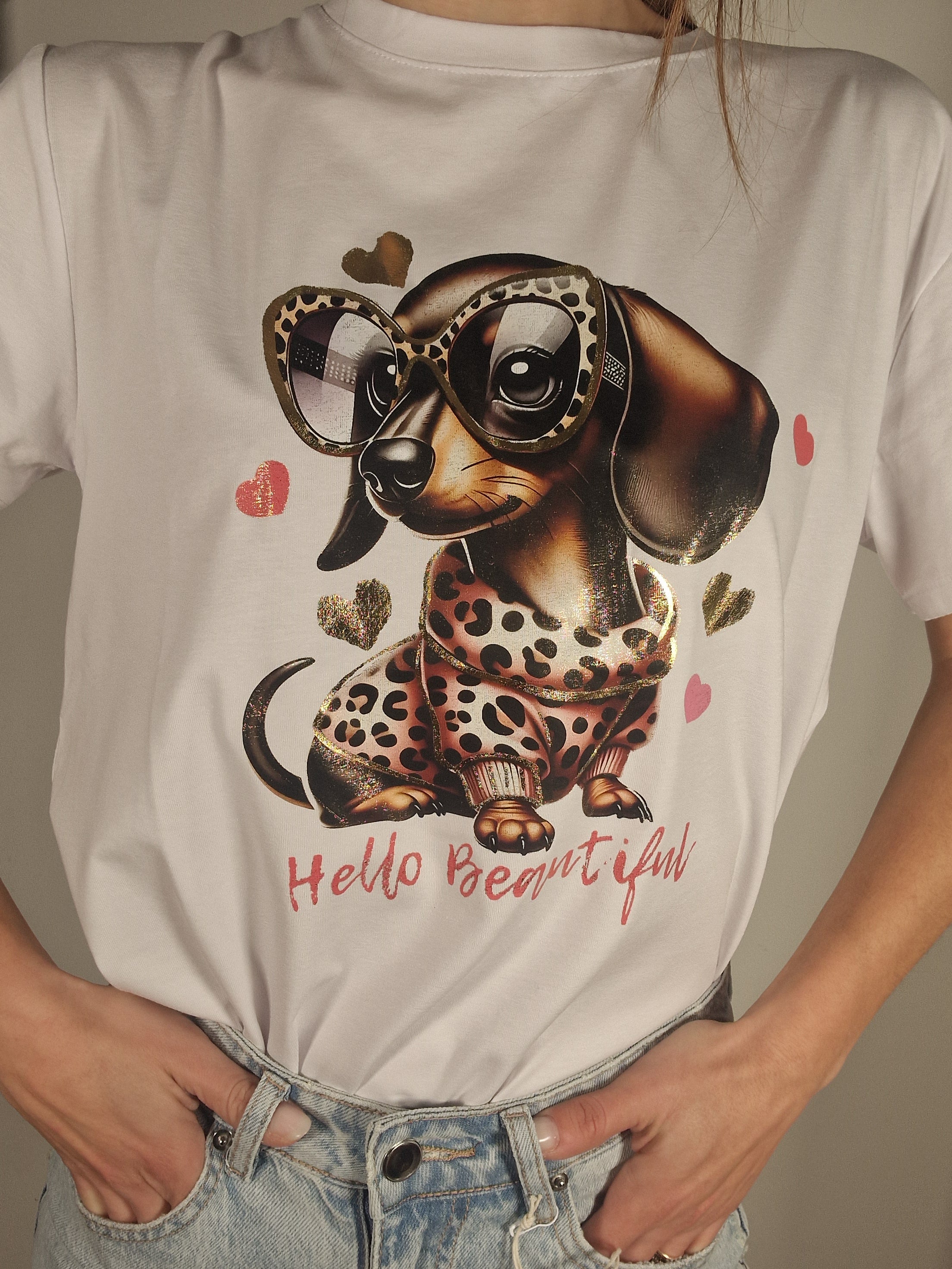 T-SHIRT BASSOTTO OCCHIALI LEOPARDATO